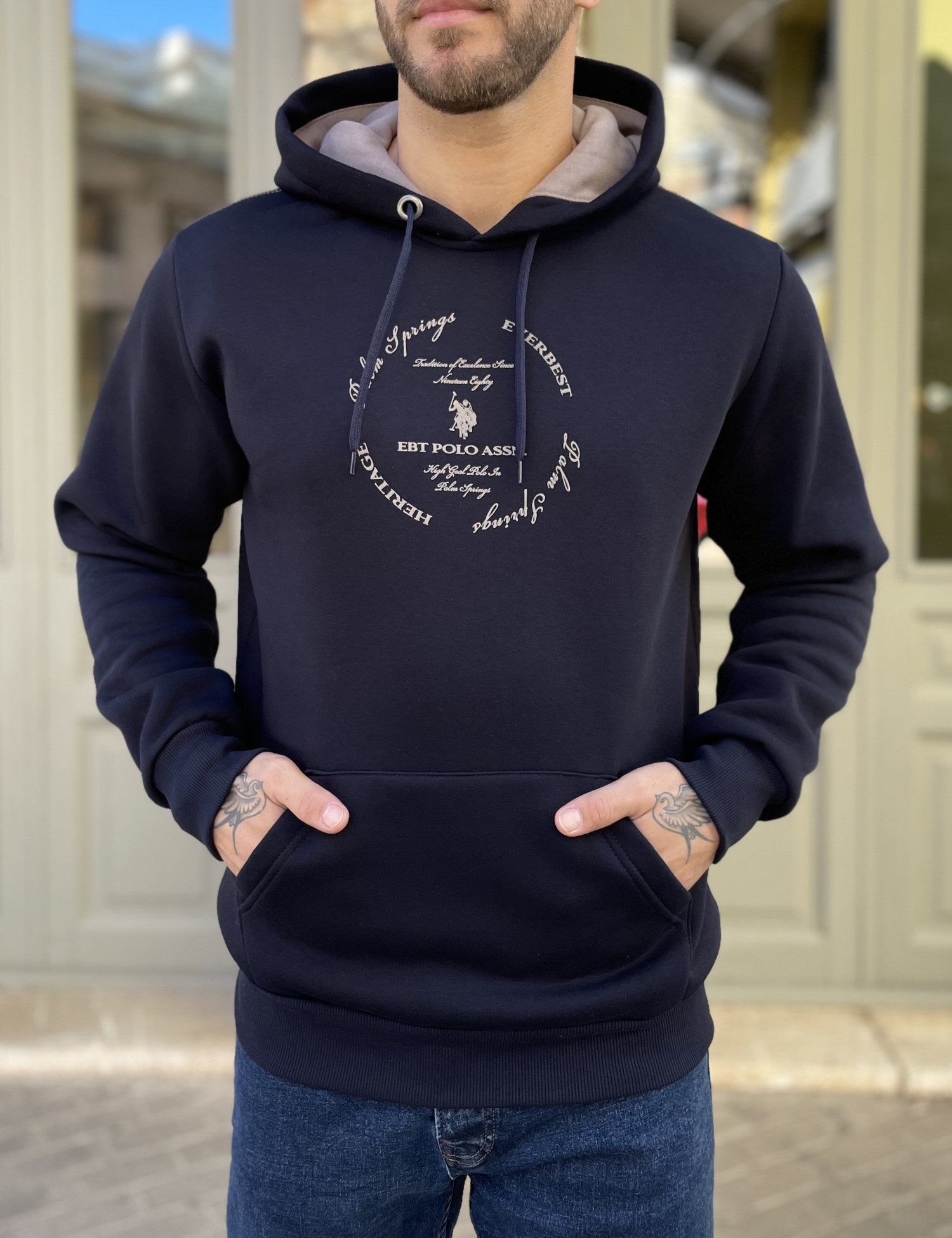 Everbest ανδρικό μπλε φούτερ με τύπωμα και κουκούλα 261009B